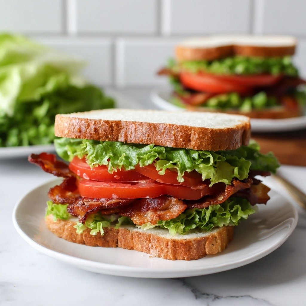 A sandwich stacked in two layers on a white plate, placed on a white marbled surface. The bottom layer has a slice of white bread topped with fresh green lettuce and a thick slice of red tomato. The middle slice of white bread separates the bottom from the top layer. The top layer features crispy bacon strips, another thick slice of red tomato, and more green lettuce, all covered by the final slice of white bread. In the background, more lettuce and another sandwich are softly visible, with a light, tiled wall behind. Photo taken with an iphone --ar 1:1 --v 7 — Classic BLT Sandwich, BLT sandwich recipe, crispy bacon sandwich, easy BLT lunch, savory bacon and tomato sandwich
