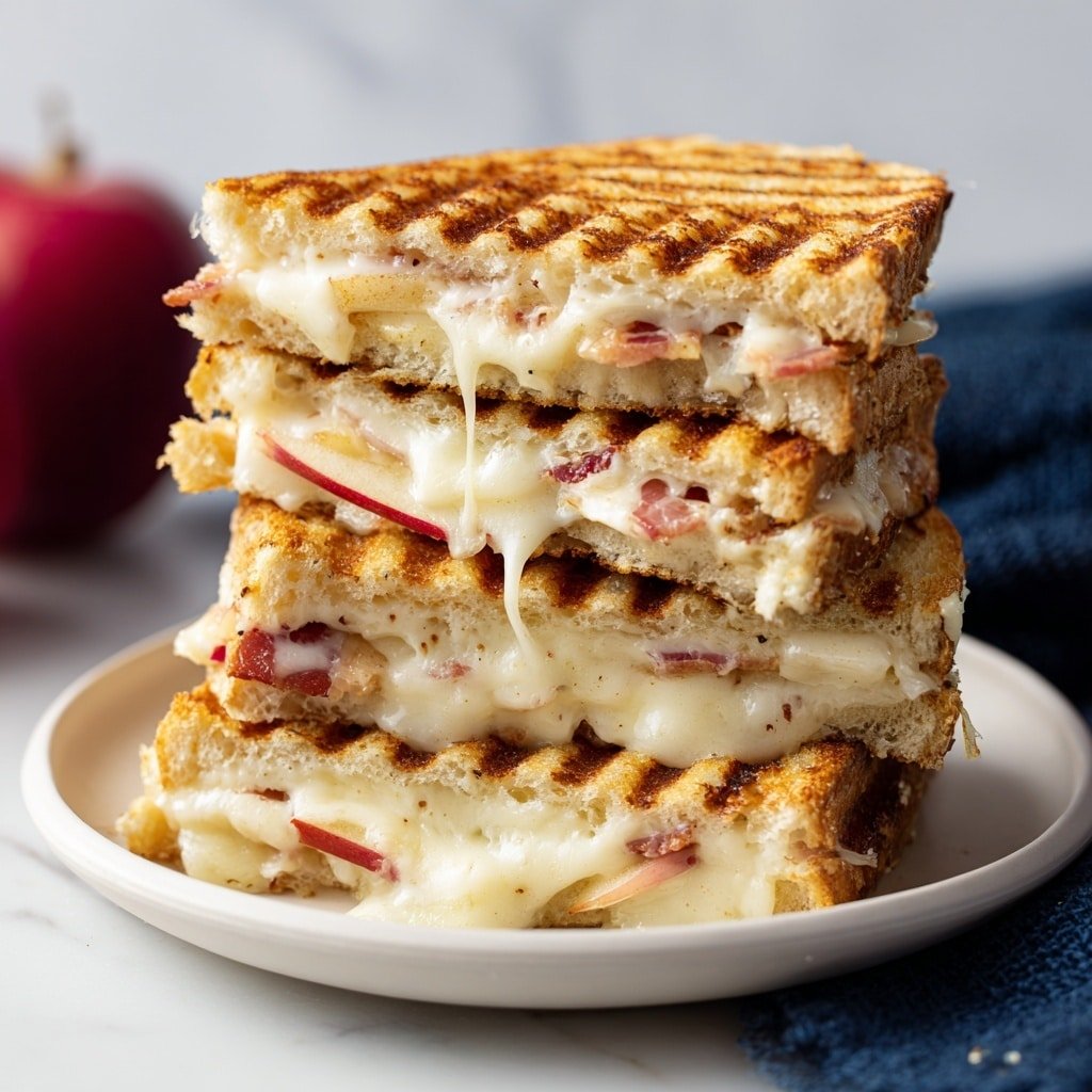 A stack of four toasted sandwiches on a white plate, each sandwich showing three layers: golden brown grilled bread with visible grill lines on the top and sides, melted creamy white cheese, crispy pinkish bacon pieces, and thin slices of pale red apple with their skin on, arranged inside. The sandwiches are stacked unevenly, displaying the melted cheese oozing slightly out and the bacon and apple layered inside. The plate is on a white marbled surface with a blurred dark red apple in the background and a dark blue cloth nearby. Photo taken with an iphone --ar 1:1 --v 7 — Brunch Panini with Brie, Bacon, Apple, and Honey, brunch sandwich with cheese and fruit, easy breakfast panini recipes, savory sweet brunch ideas, gourmet grilled panini
