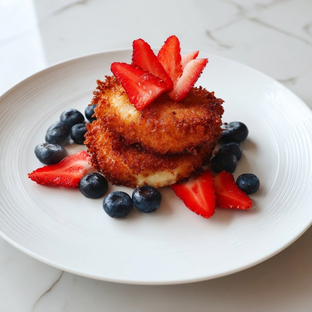 Two pieces of golden brown crispy fried food stacked in the center of a white plate. On top of the stack, there are several thin slices of red strawberry arranged in a fan shape. Around the stack and on the plate, there are several plump dark blue blueberries scattered. The plate sits on a white marbled surface. photo taken with an iphone --ar 1:1 --v 7 — Cap’n Crunch French Toast, Crunchy French Toast recipes, Breakfast ideas with Cap’n Crunch, Easy French Toast breakfast, Sweet Crunchy French Toast