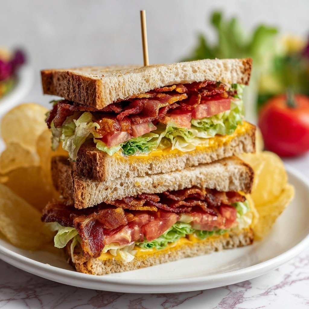 A sandwich with three layers of toasted light brown bread stacked with layers of crispy cooked bacon, bright red tomato slices, fresh green lettuce, and pale yellow cheese. The sandwich is cut into two triangular halves held together by a small wooden skewer. It sits on a white plate with some light yellow potato chips on the side. The surface under the plate has a white marbled texture, and a red tomato and green lettuce can be seen blurred in the background. Photo taken with an iphone --ar 1:1 --v 7 — Chia Seed Pudding with Figs and Pistachios, healthy chia pudding recipe, quick nutritious breakfast, fig and pistachio dessert, plant-based pudding ideas