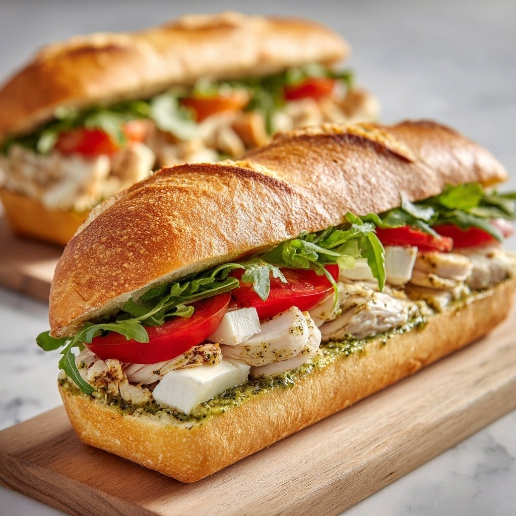 A sandwich with three main layers inside a long, light brown baguette that looks crisp outside. The bottom layer is a light beige chicken with green pesto sauce spread on it. Above the chicken, there are bright red tomato slices and white cheese pieces. The top layer is fresh, green arugula leaves that look leafy and soft. The sandwich sits on a light wooden board with another sandwich blurred in the background, all placed on a white marbled surface. photo taken with an iphone --ar 1:1 --v 7 — Chicken Club Sandwich, Chicken Club Sandwich Recipe, Easy Chicken Sandwich, Gourmet Chicken Sandwich, Chicken Sandwich Ideas