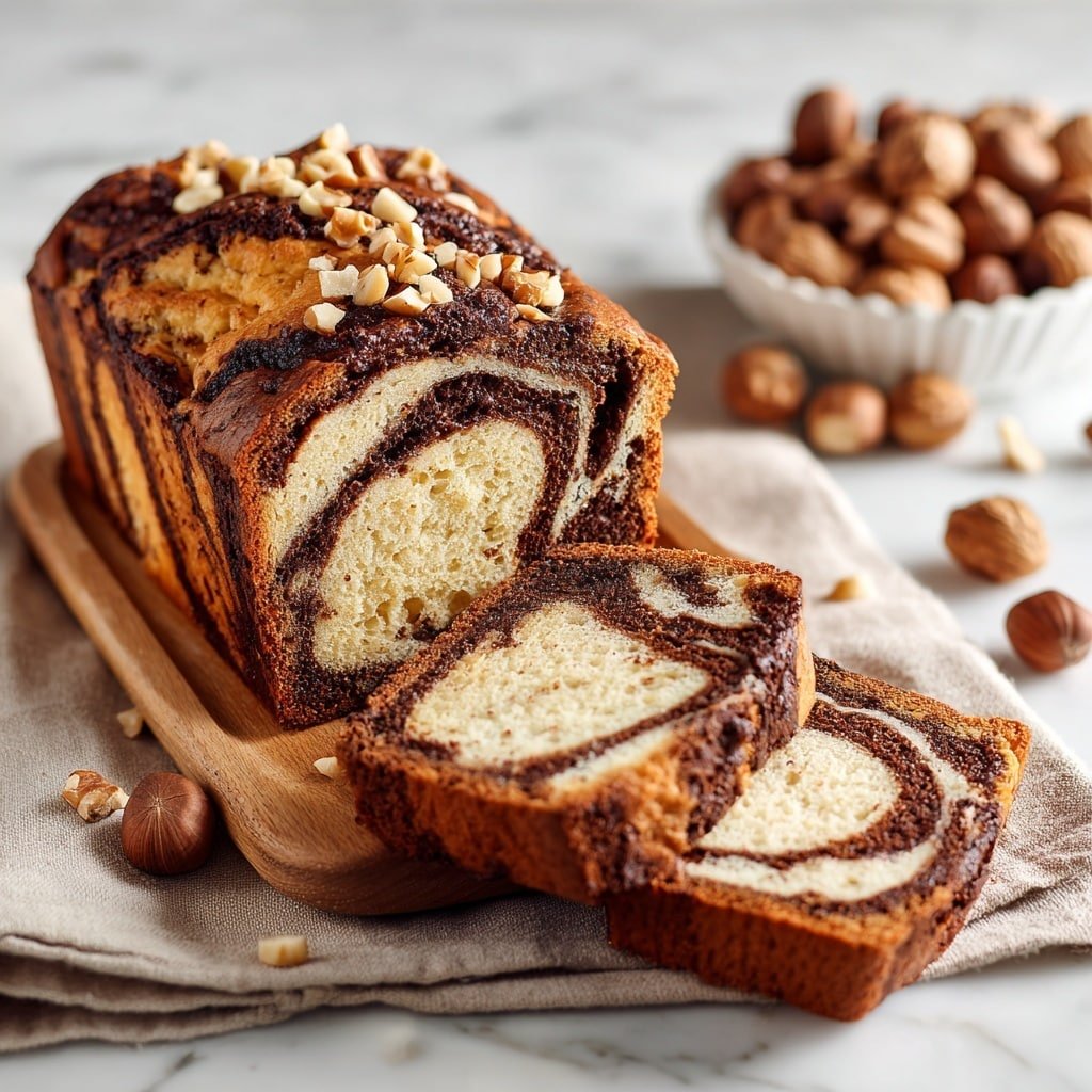 A twisted loaf of bread with a golden brown crust and dark chocolate swirls is placed on a wooden board. Two slices are cut from the loaf and lie in front, showing a soft light beige inside with ribbon-like dark chocolate layers running through them. Small pieces of nuts are scattered on top of the loaf and slices, adding texture. The board sits on a beige cloth with scattered nuts. In the background, a white bowl filled with whole nuts stands on a white marbled surface. Photo taken with an iphone --ar 1:1 --v 7 — Chocolate Hazelnut Babka, Babka recipe, hazelnut chocolate bread, braided chocolate babka, homemade chocolate babka
