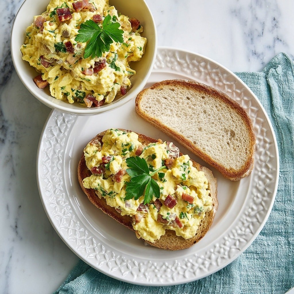 On a white plate with a delicate raised pattern, there is a single slice of toasted bread topped with a thick layer of yellow egg salad mixed with chopped pieces of brown bacon and bits of green herbs, garnished in the center with a fresh green parsley leaf. Behind the plate, there is a white bowl filled with more of the same egg salad, also decorated with a parsley leaf on top. The scene is set on a white marbled surface with a textured light blue cloth casually placed on the right side. Photo taken with an iphone --ar 1:1 --v 7 — Bacon & Egg Salad, Bacon & Egg Salad recipe, easy bacon and egg salad, quick brunch salad, savory breakfast salad