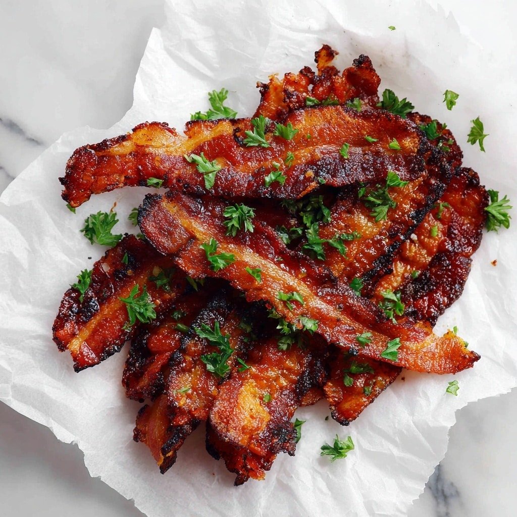 The image shows a close-up of several twisted strips of crispy bacon, cooked to a dark golden brown with some areas slightly darker, giving a crunchy texture look. The bacon strips are placed directly on a crinkled white paper with small green parsley leaves sprinkled on top, adding a fresh pop of color. The surface underneath is a white marbled texture, visible at the edges of the scene. The bacon pieces are layered randomly, some overlapping, creating depth and a natural arrangement. photo taken with an iphone --ar 1:1 --v 7 — Air Fryer Twisted Bacon, crispy bacon spirals, bacon in air fryer, twisted bacon recipe, easy bacon snack