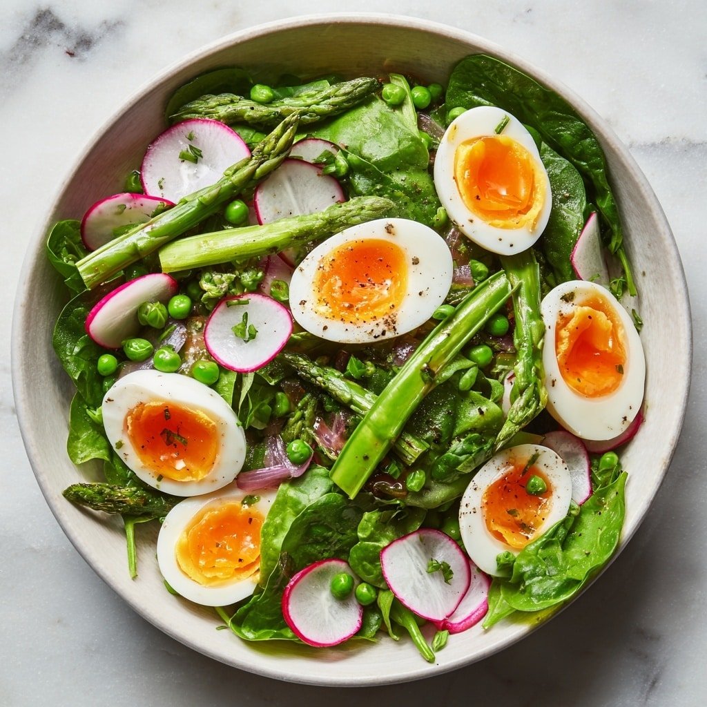 A white bowl filled with a fresh salad on a white marbled surface. The salad has a base layer of bright green spinach leaves and other greens. On top, there are thin slices of radish with white centers and red edges, scattered evenly. Long, light green asparagus spears are placed across the bowl, standing out tall against the greens. Soft-boiled eggs, sliced in half, show a bright orange yolk that is slightly runny, placed evenly around the bowl. Small green peas and bits of chopped red onion add more texture and color. The salad is lightly sprinkled with small chopped green herbs. Photo taken with an iphone --ar 1:1 --v 7 — Asparagus Salad with Soft-Boiled Eggs, healthy asparagus and egg salad, spring vegetable salad recipe, easy asparagus and egg dish, fresh veggie and eggs salad