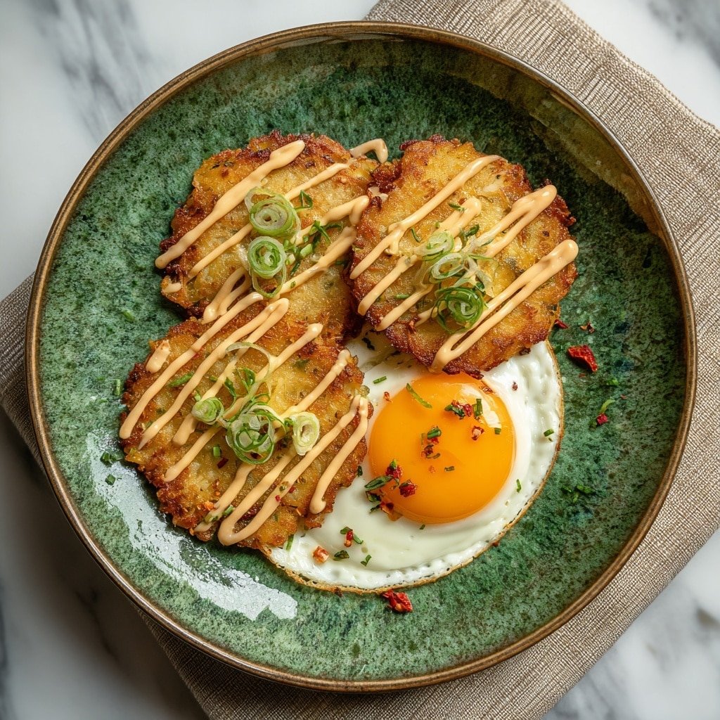 The image shows a green ceramic plate holding three crispy potato pancakes. Two of the pancakes are topped with light beige zigzag lines of sauce and small bits of green garnish, while the third pancake has a sunny-side-up egg with a bright orange yolk and sprinkled with some green garnish and small red bits. The plate is on a beige cloth, placed on a white marbled surface. The photo taken with an iphone --ar 1:1 --v 7 — Fully Loaded Hash Browns, crispy potato hash browns with cheese and bacon, hearty brunch ideas, cheesy breakfast hash, easy loaded hash brown recipe