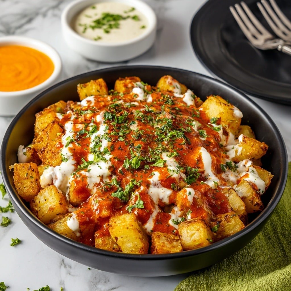 A black bowl filled with small golden brown fried potato cubes as the base layer, topped with a thick layer of orange-red sauce in the center, drizzled unevenly with a creamy white sauce, and sprinkled with bright green chopped parsley on top. The bowl is placed on a white marbled surface with a small white bowl of orange sauce and a small white bowl of white sauce blurred in the background, along with a green cloth and a black plate with a fork. Photo taken with an iphone --ar 1:1 --v 7 — Spanish Patatas Bravas, crispy potato tapas, smoky brava sauce, Spanish tapas recipes, spicy potato dish