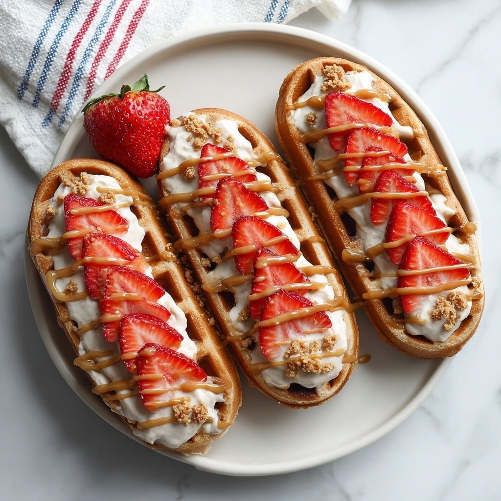 Four long, oval-shaped waffles lie on a white plate and a white marbled surface. Each waffle has a light golden brown color with a soft texture. On top of each waffle, there is a layer of creamy off-white frosting, spread evenly. Fresh, thin red strawberry slices are placed in a line on the frosting. A light brown caramel sauce is drizzled over the strawberries and frosting in thin lines, adding a shiny texture. Small crumbs of brown cookie bits are scattered on top and around the waffles. A fresh whole strawberry and a piece of white cloth with thin blue and red stripes are visible in the background. Photo taken with an iphone --ar 1:1 --v 7 — Biscoff Strawberry Croffles, croffles with Biscoff and strawberries, easy Biscoff croffles recipe, breakfast croffles ideas, sweet strawberry croffles