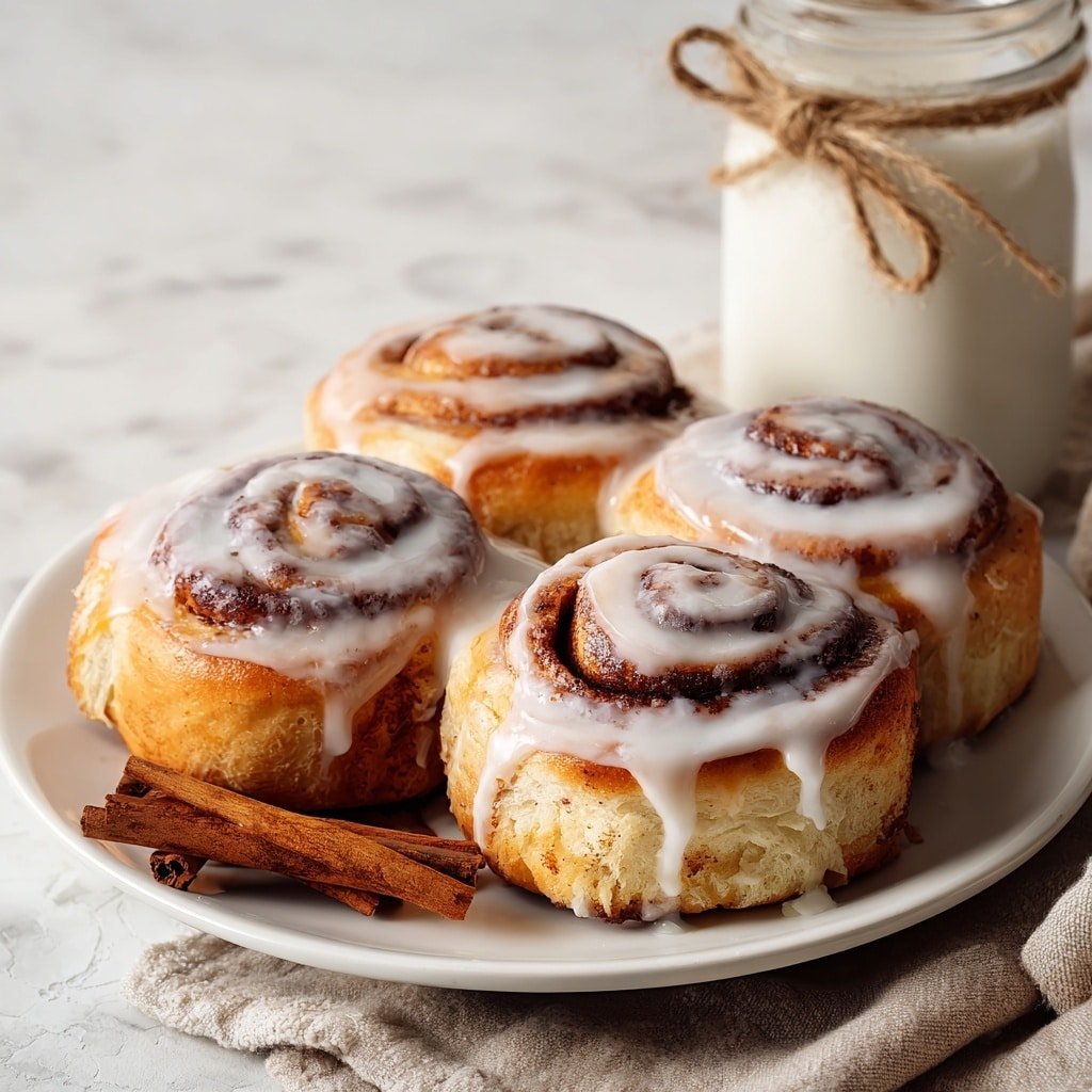 On a white plate, four cinnamon rolls sit closely together, each with a light golden brown outer layer and darker brown spiral center filled with cinnamon. They are topped with thick white icing that drips down the sides in uneven streaks. The texture of the rolls looks soft and slightly shiny from the glaze. Next to the plate, a cinnamon stick lies on a beige cloth, and a glass jar of white liquid with a twine bow is placed in the background on a white marbled surface. The scene has a warm and cozy feel, suggesting fresh baked treats. photo taken with an iphone --ar 1:1 --v 7 — Cinnamon Rolls with Cream Cheese Glaze, homemade cinnamon roll recipe, easy cinnamon rolls, best cinnamon roll glazing, soft cinnamon roll dough