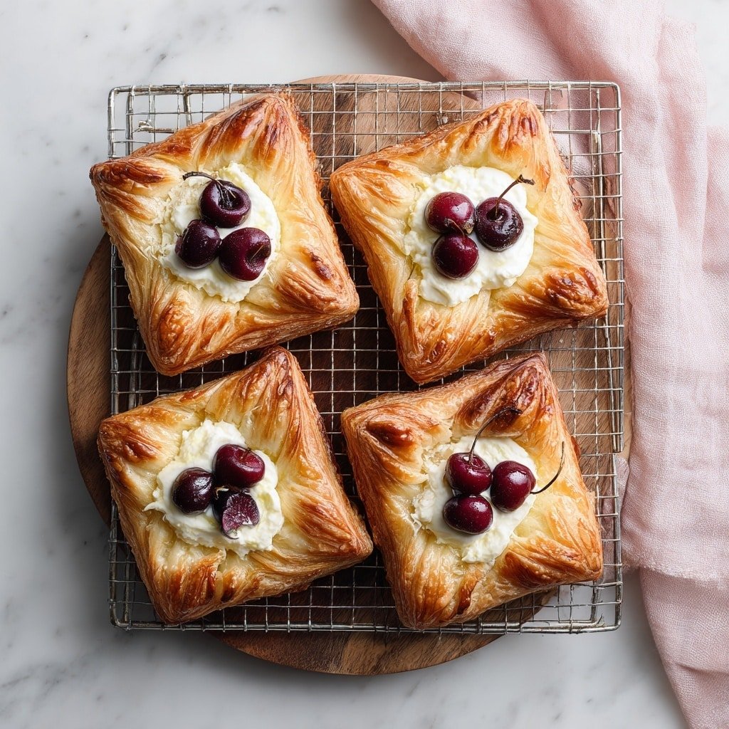 Four pastries with golden-brown, flaky layers sit on a silver cooling rack placed over a wooden board. Each pastry has a square shape with folded corners, creating a star-like pattern and adding texture to the edges. In the center of each pastry, there is a creamy white filling topped with two dark red cherries, with some cherry juice slightly blending into the creamy layer. A light pink cloth is partially visible in the top right corner. The entire scene is set on a white marbled background. photo taken with an iphone --ar 1:1 --v 7 — Danish Pastries with Cream Cheese & Cherries, flaky Danish pastries, cherry cream cheese Danish, homemade cherry pastries, breakfast Danish pastries