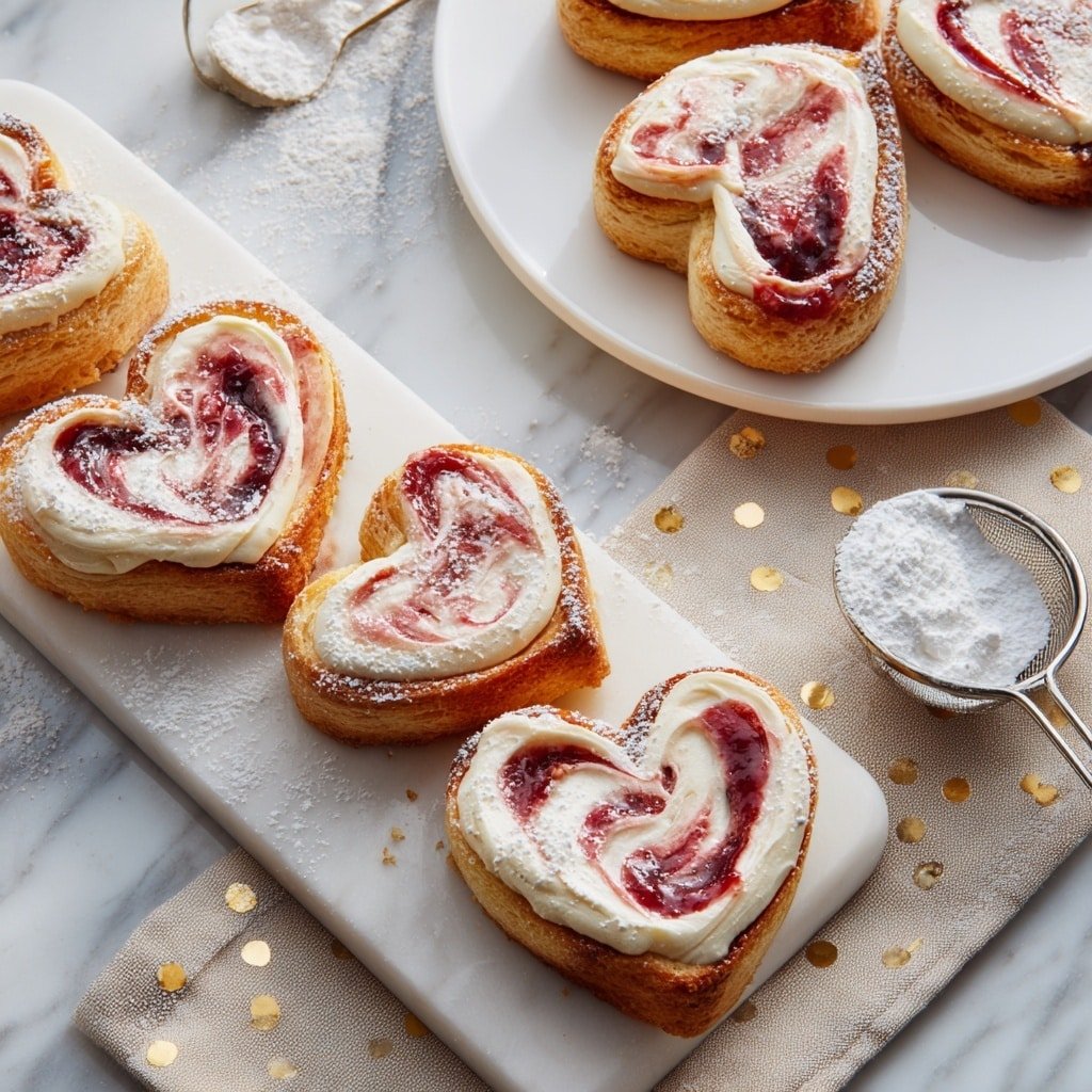 The image shows several small heart-shaped pastries arranged on a white rectangular cutting board and a white round plate, both placed on a light brown cloth with gold dots over a white marbled surface. Each pastry has two main layers: the bottom layer is a golden-brown baked base with a slightly crispy texture, while the top layer is a creamy white spread mixed with a swirl of red jam, giving a marbled look. Some powdered sugar is lightly dusted on top of the pastries, adding a soft white detail. On the side, there is a metal sieve containing some powdered sugar, hinting at the light dusting on the pastries. The overall scene is bright and warm, with a clear focus on the heart-shaped treats. Photo taken with an iphone --ar 1:1 --v 7 — Puff Pastry Cream Cheese Hearts, heart-shaped pastry recipe, creamy cheese pastries, berry jam puff pastry, romantic brunch treats