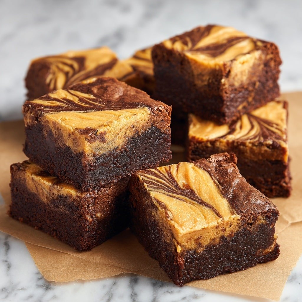 The image shows multiple square brownie pieces with a rich dark brown base layer that looks soft and chewy. On top of each brownie is a swirled layer of light golden caramel with a smooth, shiny texture that contrasts with the darker brownie. One brownie piece is slightly separated from the others, showing the thick, dense texture of both layers. The brownies are placed on brown parchment paper, which is resting on a white marbled surface. Photo taken with an iphone --ar 1:1 --v 7 — Apple Hand Pies with Cinnamon Apple Filling and Vanilla Glaze, homemade apple hand pies, cinnamon apple hand pies, flaky apple hand pies, easy apple dessert recipes