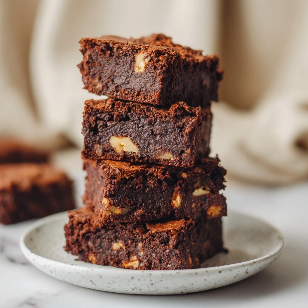 The image shows a stack of five square chocolate brownies on a white plate with small gray spots. Each brownie is thick and dense with a smooth texture and embedded pieces of light brown nuts visible throughout, especially on top. The brownies have a dark, rich brown color with a slightly glossy surface and some cracks. The plate is placed on a white marbled surface, and the background is softly blurred with a light beige fabric. photo taken with an iphone --ar 1:1 --v 7 — Peanut Butter Brownies, Peanut Butter Brownies Recipe, fudgy Peanut Butter Brownies, chocolate peanut butter brownies, easy peanut butter brownies