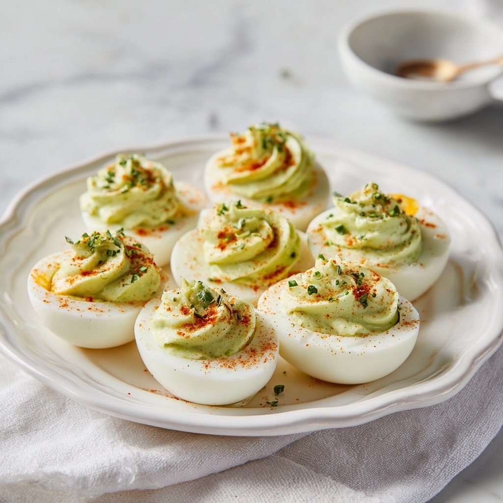 Deviled Eggs with a Twist Recipe - Recipe Image — Deviled Eggs with a Twist, avocado deviled eggs, healthy deviled eggs, easy party appetizers, creamy avocado recipe