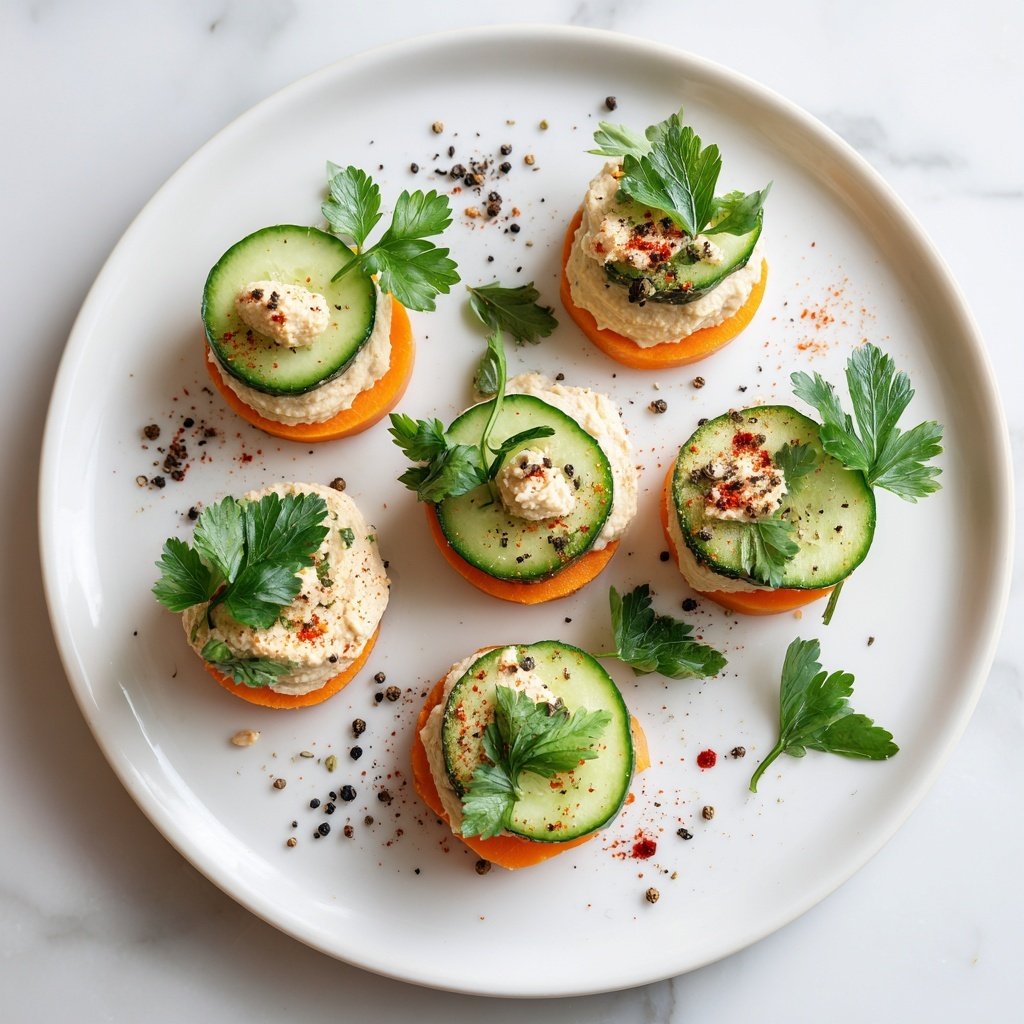 Carrot and Cucumber Bites with Hummus Recipe - Recipe Image — Carrot and Cucumber Bites with Hummus, healthy veggie snack, easy appetizer ideas, colorful snack platter, fresh vegetable bites