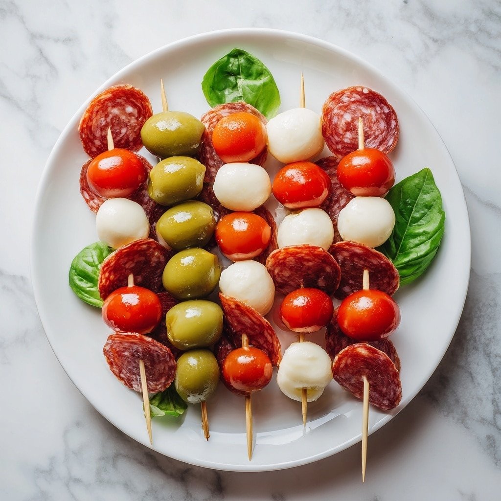 Antipasto Skewers Recipe - Recipe Image — Antipasto Skewers, easy appetizer recipes, summer party snacks, colorful finger foods, Italian-inspired appetizers