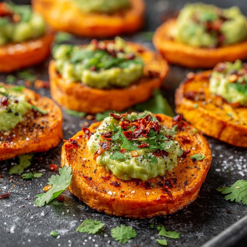Sweet Potato Bites with Avocado Recipe - Recipe Image — Sweet Potato Bites with Avocado, healthy appetizer ideas, easy sweet potato snacks, vegetarian party snacks, quick vegan appetizers