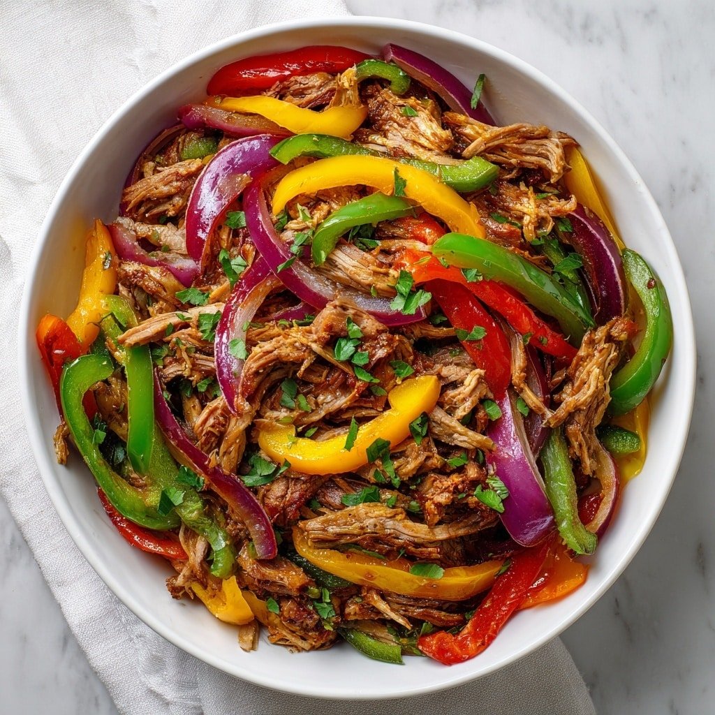 The image shows a white bowl filled with a colorful mix of shredded cooked meat and sliced bell peppers in green, yellow, and red colors, along with pieces of cooked red onion. The shredded meat appears brown and tender, mixed evenly with the bright, glossy vegetables. Small green herbs are sprinkled on top for garnish. The bowl is placed on a white marbled surface with a white cloth visible at the side. photo taken with an iphone --ar 1:1 --v 7 — Crockpot Fajitas, slow cooker fajitas, easy fajita recipe, Tex-Mex crockpot dinner, tender beef fajitas