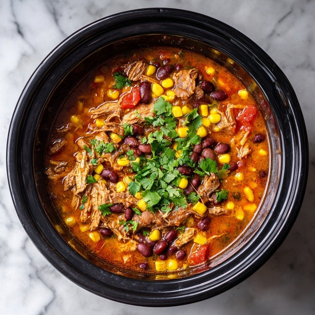 The image shows a close-up top view of a black slow cooker filled with a colorful stew. The stew has three main layers visible: shredded light brown meat mixed with dark red beans and bright yellow corn kernels, all in a rich orange-red broth with small chunks of tomatoes. On the surface, there is a generous sprinkle of fresh green cilantro leaves, adding a bright contrast. The slow cooker sits on a white marbled surface, making the colors of the stew stand out vividly photo taken with an iphone --ar 1:1 --v 7 — Crockpot Salsa Chicken, easy slow cooker chicken recipe, flavorful chicken dinner, healthy crockpot chicken, salsa chicken with beans and corn