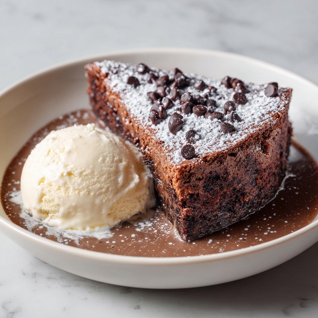 The image shows a single slice of chocolate cake placed inside a white bowl on a white marbled surface. The cake slice has a rich, dark brown color with a moist, crumbly texture. It is topped with a light dusting of white powdered sugar and scattered dark chocolate chips. The cake sits on a layer of thick, smooth chocolate sauce that spreads along the bottom of the bowl. Next to the cake slice, there is a round scoop of creamy vanilla ice cream with a soft, slightly melted texture at the edges. The scene is simple and focused on the dessert's contrasting colors and textures. photo taken with an iphone --ar 1:1 --v 7 — Crockpot Chocolate Lava Cake, slow cooker molten chocolate cake, easy chocolate lava cake, cozy dessert recipes, decadent chocolate dessert