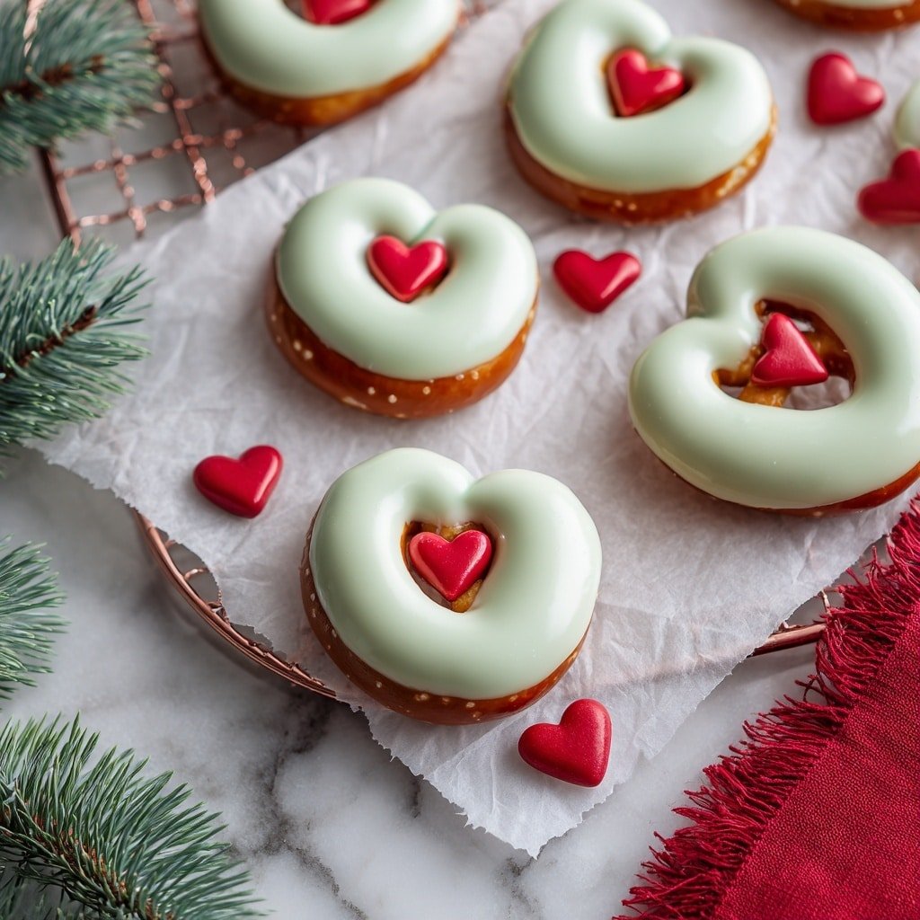 The image shows several small pretzels laid out on white parchment paper over a wire rack. Each pretzel is dipped halfway in smooth, light green coating with a small red heart shape placed in the middle of the coated part. There are extra red heart shapes scattered around the pretzels on the parchment paper. In the top right corner, a red cloth with frayed edges is partially visible, and in the bottom left corner, green pine branches add a festive touch. The background is a white marbled surface. photo taken with an iphone --ar 1:1 --v 7 — Grinch Christmas Pretzels, Christmas Pretzels Recipe, Holiday Candy Pretzels, Festive Holiday Snacks, easy Christmas treats